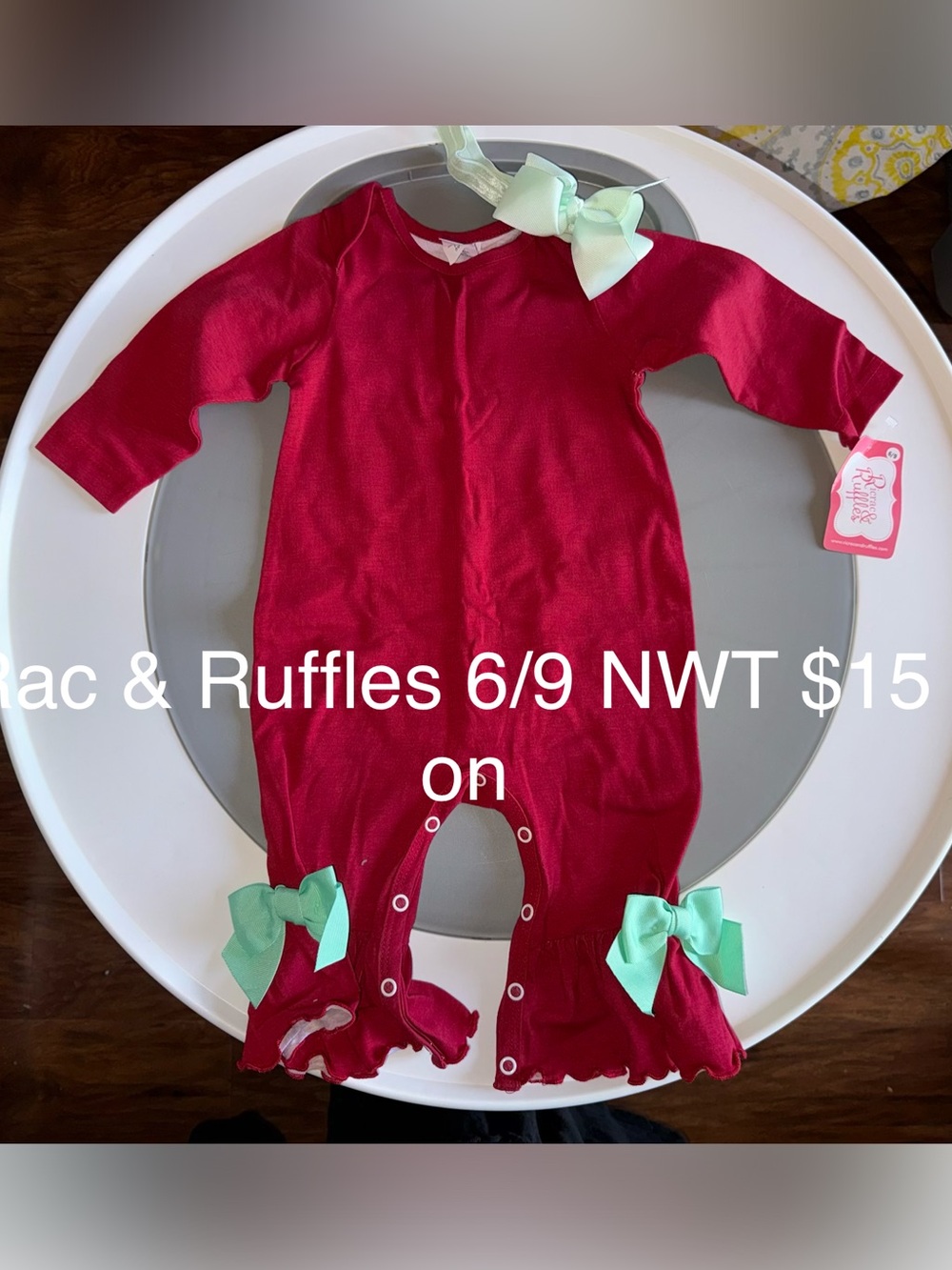 Red Baby Ruffle Romper with Mint Bows